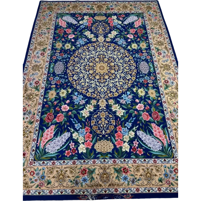 "Exclusive blue Persian rug for sale, crafted with high-quality wool and silk fibers, hand-knotted in Isfahan, Iran."