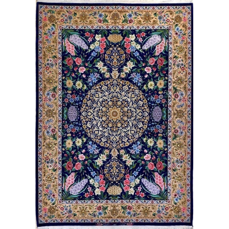 "Authentic blue Persian rug hand-knotted in Isfahan by Saieed Davarie, featuring a wool and silk blend in a floral design."