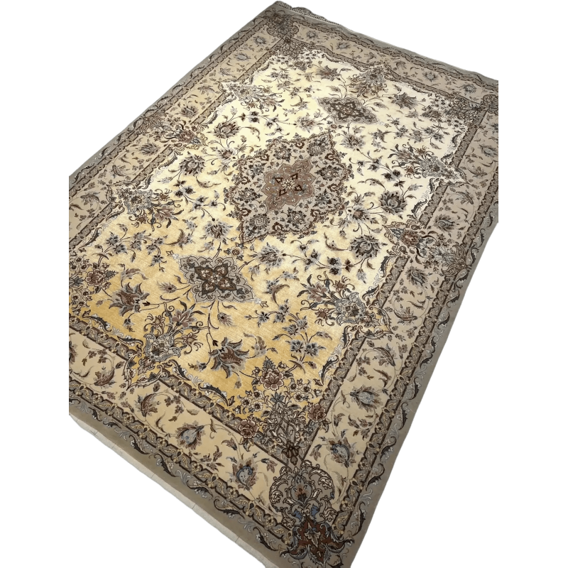 Elegant golden silk floor rug with intricate patterns
