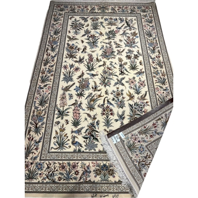 "Authentic Persian floral rug with intricate botanical and bird motifs, handwoven in Isfahan, Iran."
