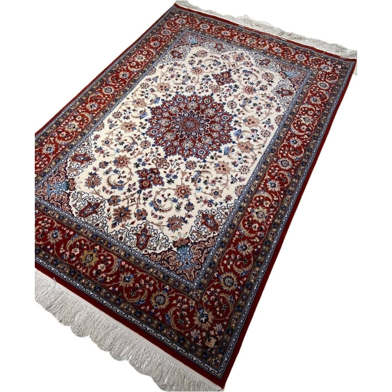 "Hand-knotted Persian rug with detailed central medallion and red borders by Hojeh Froosh."