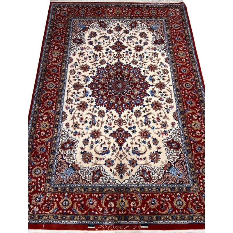 "Hand-knotted Isfahan rug with red floral medallion design, 6.1x4.3 ft."