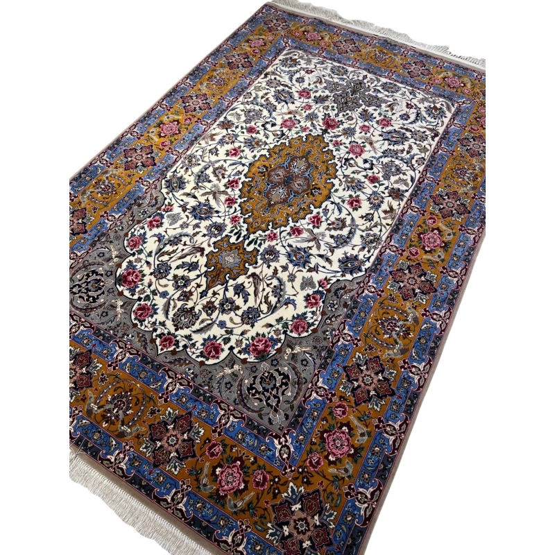 Floral-patterned Persian rug with vibrant borders in golden and blue.