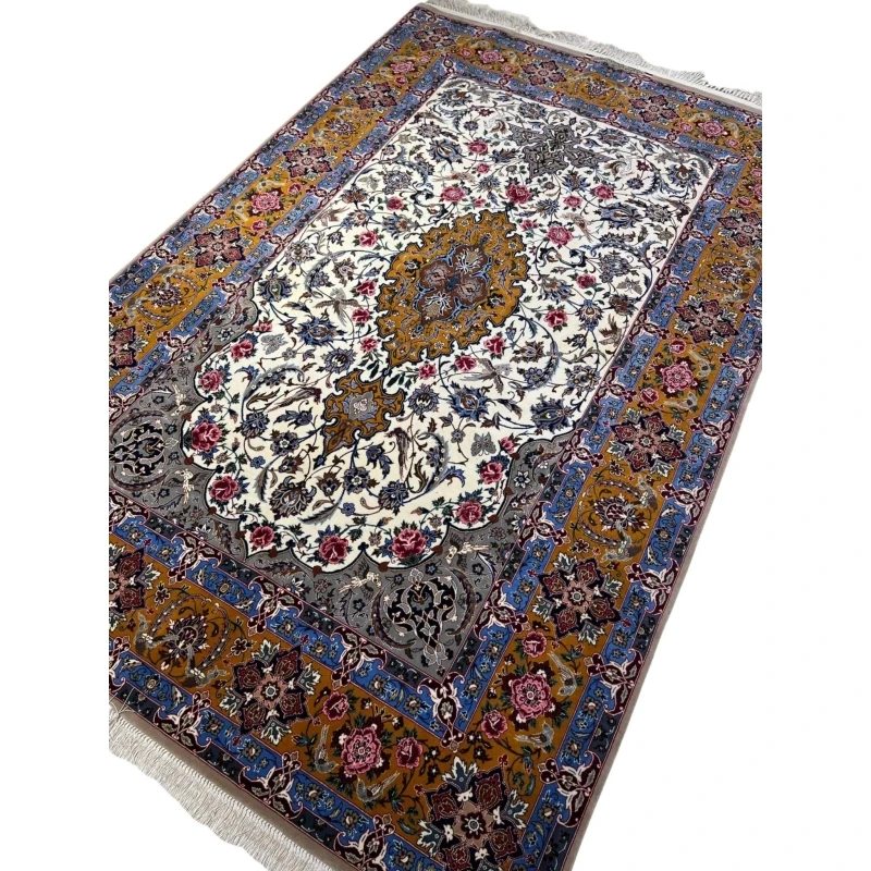 Floral-patterned Persian rug with vibrant borders in golden and blue.