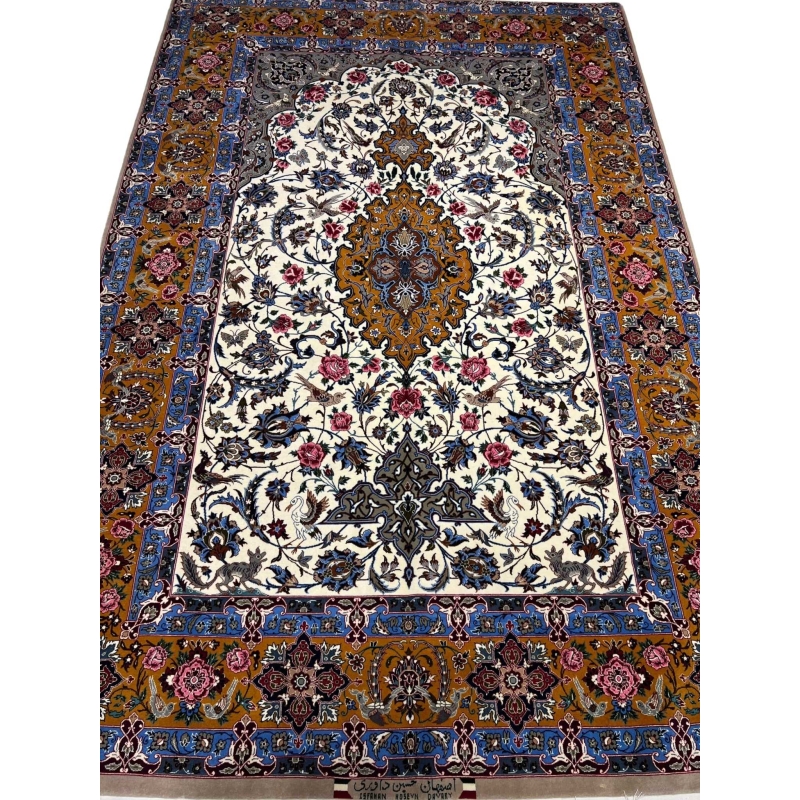 Vintage Isfahan Persian rug with a golden medallion and floral motifs.