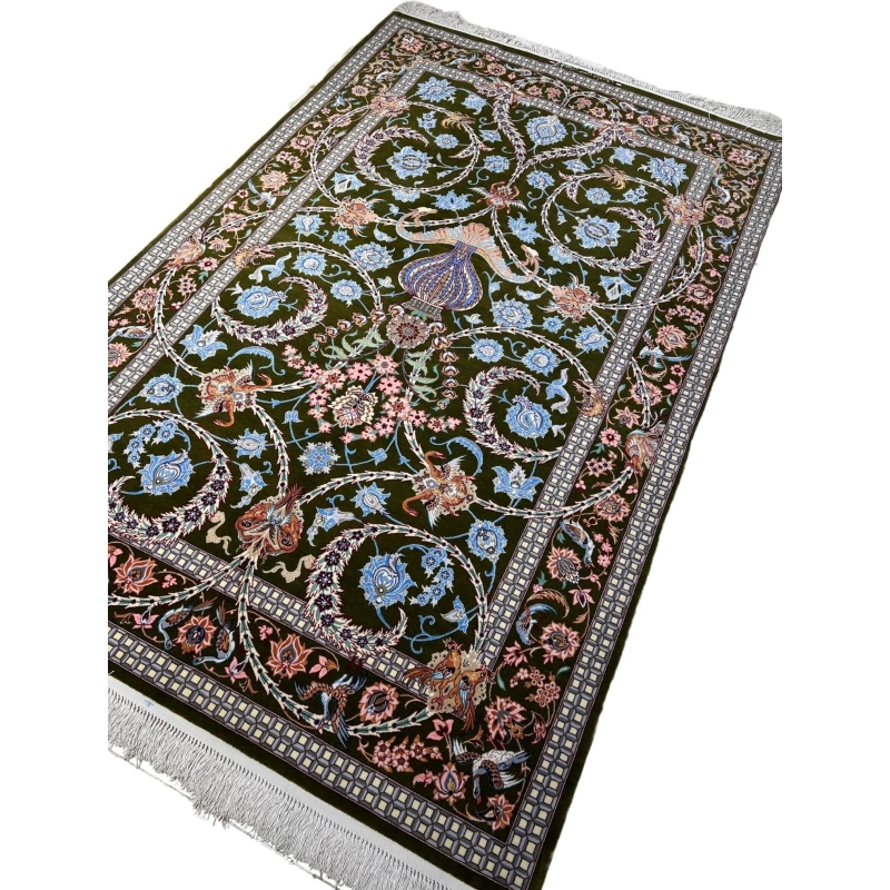 Elegant Isfahan rug featuring blue and pink flower motifs.