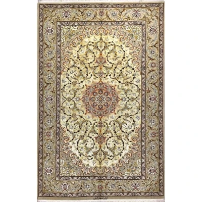 "New Isfahan hand-knotted Persian rug made of silk and wool, featuring intricate oriental designs. Knot density of 810,000 knots per square meter. Dimensions: 204 x 130 cm (6.7 x 4.2 feet). Luxurious and durable handcrafted rug, ideal for home decor."