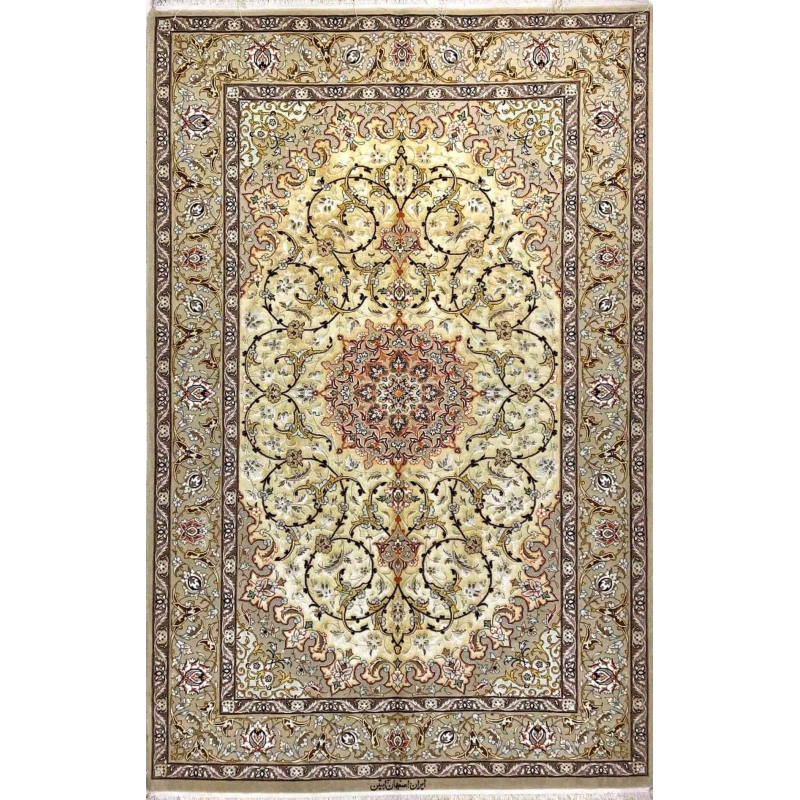 "New Isfahan hand-knotted Persian rug made of silk and wool, featuring intricate oriental designs. Knot density of 810,000 knots per square meter. Dimensions: 204 x 130 cm (6.7 x 4.2 feet). Luxurious and durable handcrafted rug, ideal for home decor."