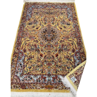 "Luxury Persian carpet with an elaborate golden and burgundy medallion design, hand-knotted in Isfahan, Iran."