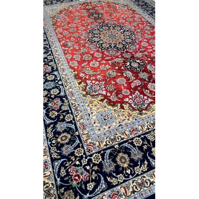 5 x 7 ft hand-knotted red and black Persian rug with silk highlights