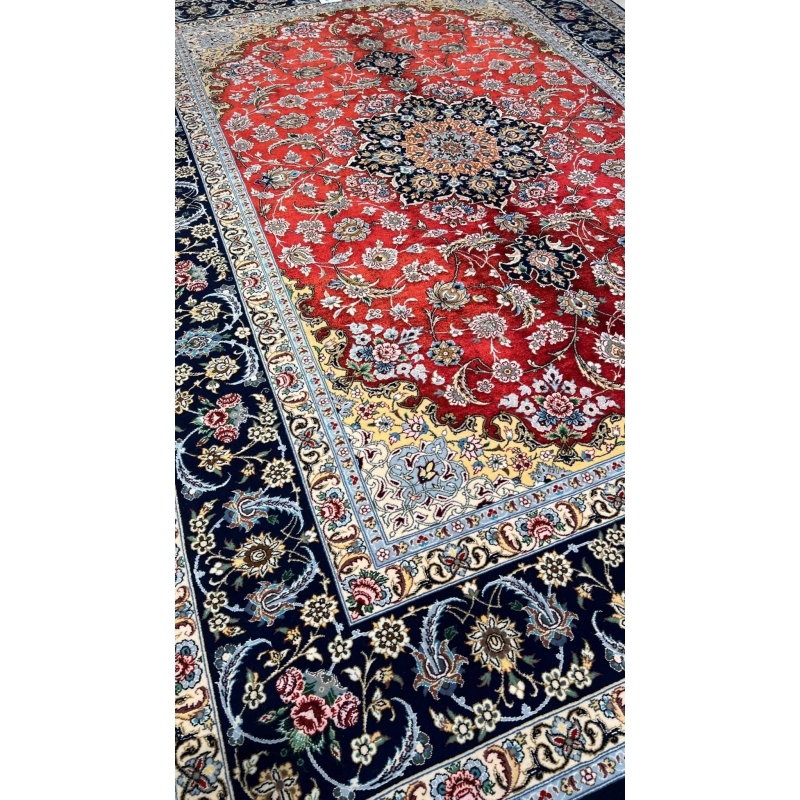 5 x 7 ft hand-knotted red and black Persian rug with silk highlights