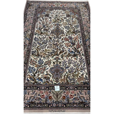"Isfahan Persian hunting scene rug with hand-knotted silk and wool design featuring birds and deer, 232 x 150 cm."
