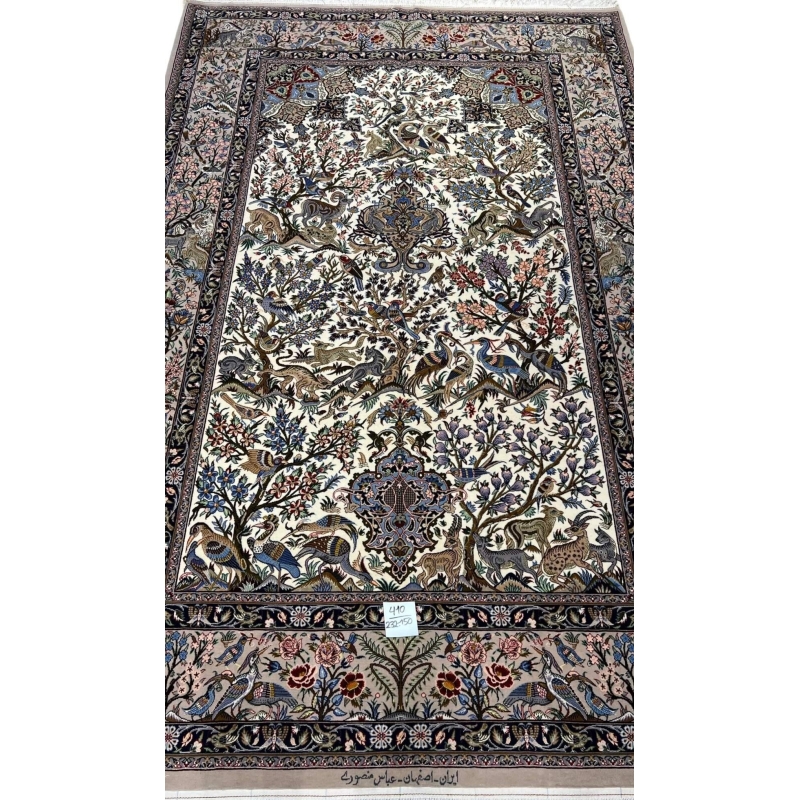 "Isfahan Persian hunting scene rug with hand-knotted silk and wool design featuring birds and deer, 232 x 150 cm."