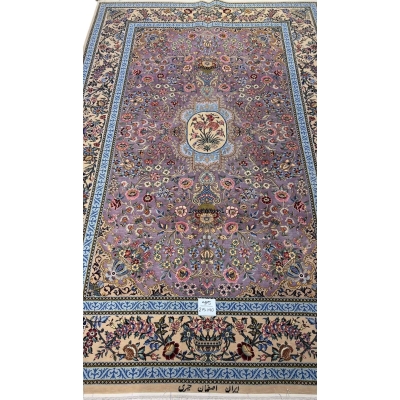 "Elegant Persian rug with intricate floral motifs on a lilac base, hand-knotted by Kheire, 215 x 140 cm."