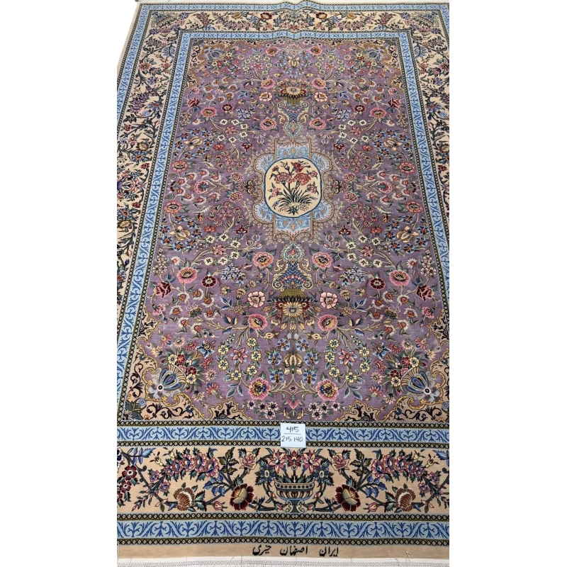 "Elegant Persian rug with intricate floral motifs on a lilac base, hand-knotted by Kheire, 215 x 140 cm."