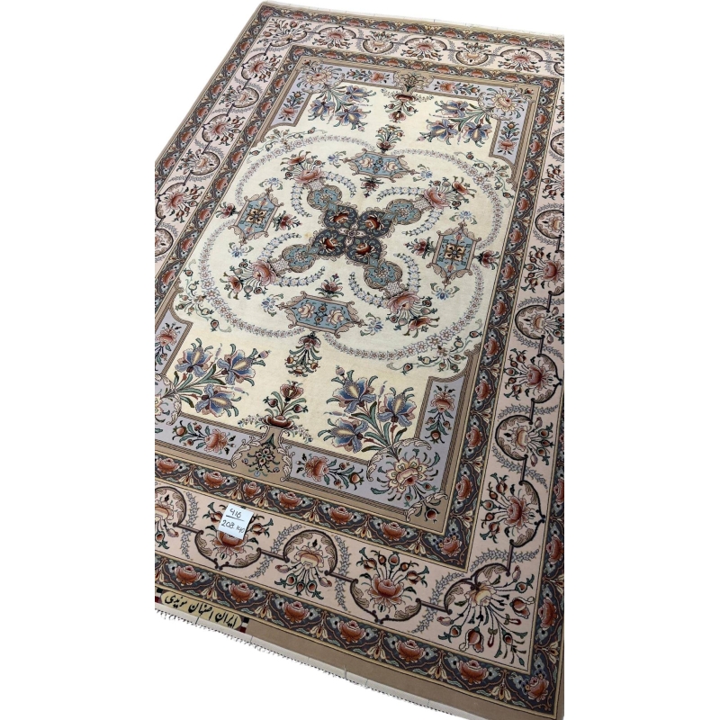"Luxurious Persian rug featuring a central medallion with pastel-toned floral motifs, crafted in Isfahan, Iran."