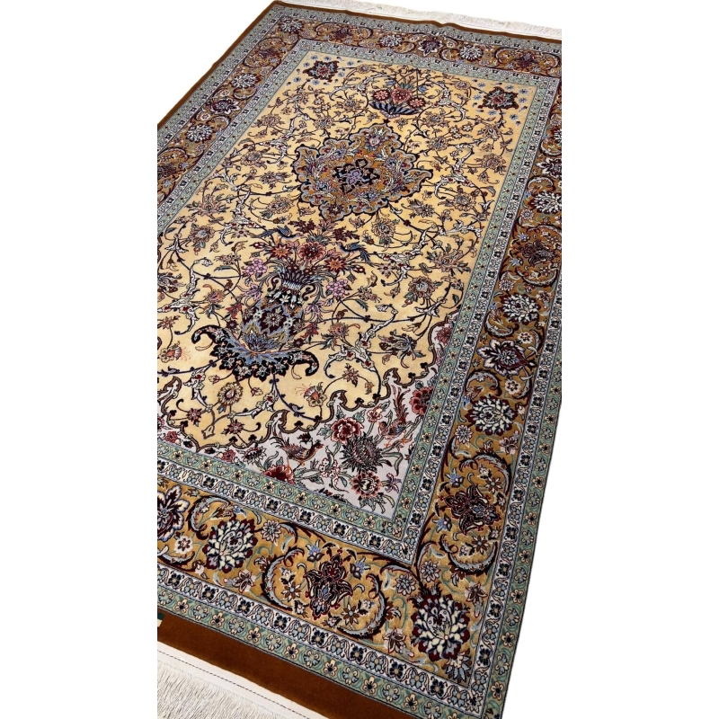 "Luxury handmade Persian rug from Isfahan, showcasing a vibrant traditional design in wool and silk, measuring 230 cm x 150 cm, perfect for elegant home decor."