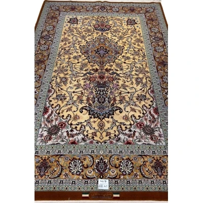 Exquisite Persian Isfahan rug, hand-knotted by Dehghan, featuring intricate floral patterns in wool and silk, with a size of 230 cm x 150 cm and a high knot density of 910,000 knots per square meter."