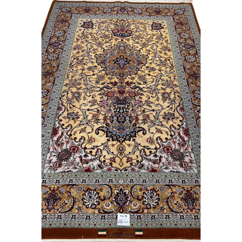 Exquisite Persian Isfahan rug, hand-knotted by Dehghan, featuring intricate floral patterns in wool and silk, with a size of 230 cm x 150 cm and a high knot density of 910,000 knots per square meter."
