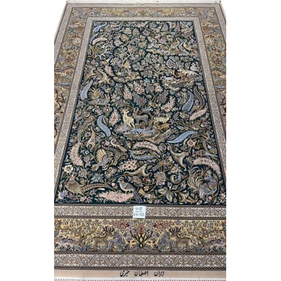 "Luxury Isfahan Persian rug with silk and wool, hand-knotted hunting scene carpet featuring deer, birds, and floral motifs."