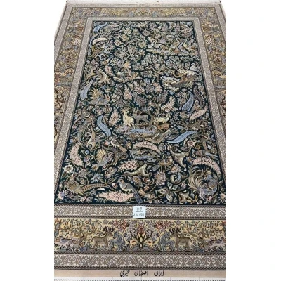 "Luxury Isfahan Persian rug with silk and wool, hand-knotted hunting scene carpet featuring deer, birds, and floral motifs."
