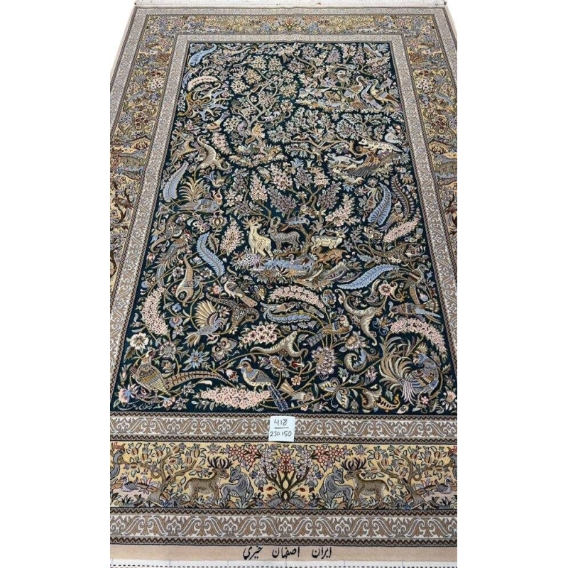 "Luxury Isfahan Persian rug with silk and wool, hand-knotted hunting scene carpet featuring deer, birds, and floral motifs."