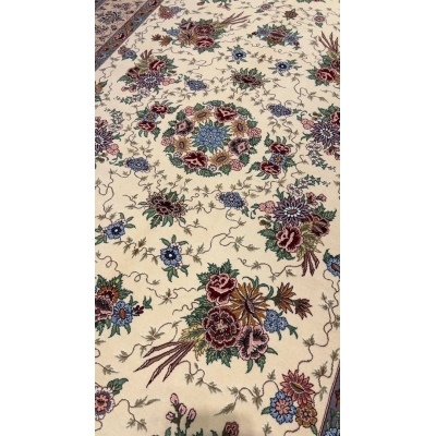 "Elegant handmade Persian rug from Isfahan, crafted with silk warp and wool-silk pile, showcasing intricate floral motifs, sized at 170 cm x 110 cm for luxurious home decor."