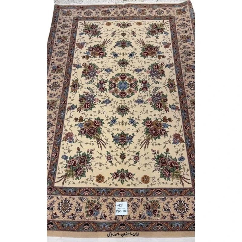 "Hand-knotted Persian Isfahan rug by Master Ahmad Zojaji, featuring vibrant floral patterns in wool and silk, measuring 170 cm x 110 cm with a knot density of 1,000,000 knots per square meter."