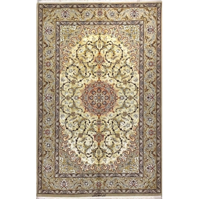 "Elegant Isfahan Persian rug featuring a floral medallion, hand-knotted by Abteen."
