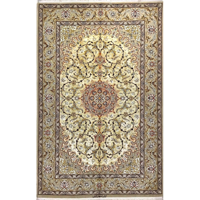 "Elegant Isfahan Persian rug featuring a floral medallion, hand-knotted by Abteen."