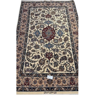 "Hand-knotted Persian rug from Isfahan, Iran, showcasing intricate craftsmanship with silk and wool blend. Designed by Master Ahmad Zojaji, this authentic 175x115 cm Persian rug features a high knot density of 1,000,000 knots/m², perfect for adding timeless elegance to your home décor."
