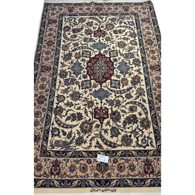 "Hand-knotted Persian rug from Isfahan, Iran, showcasing intricate craftsmanship with silk and wool blend. Designed by Master Ahmad Zojaji, this authentic 175x115 cm Persian rug features a high knot density of 1,000,000 knots/m², perfect for adding timeless elegance to your home décor."