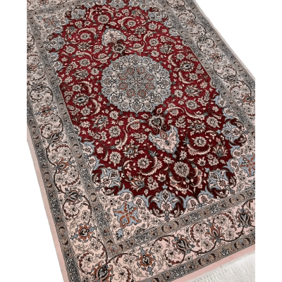 "Exquisite Isfahan Persian rug, hand-knotted by Taghiezadeh using silk and wool. Measuring 170 cm x 107 cm, this luxurious rug features intricate designs with a knot density of 810,000 knots per square meter. Only one Persian rug available for online purchase."