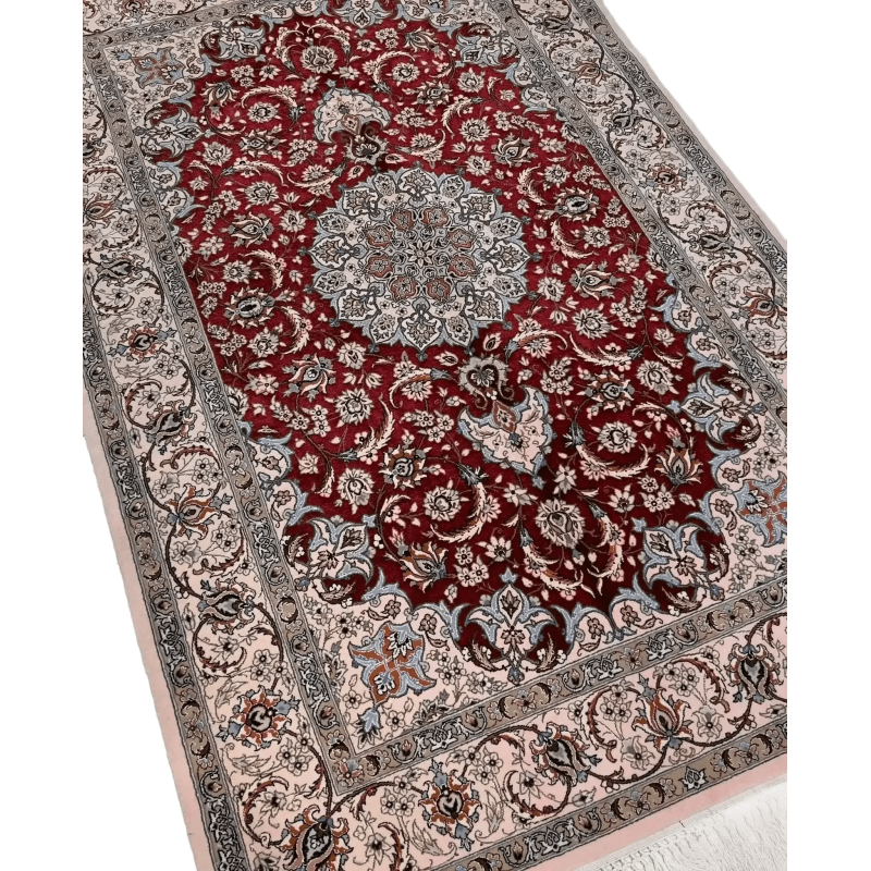 "Exquisite Isfahan Persian rug, hand-knotted by Taghiezadeh using silk and wool. Measuring 170 cm x 107 cm, this luxurious rug features intricate designs with a knot density of 810,000 knots per square meter. Only one Persian rug available for online purchase."