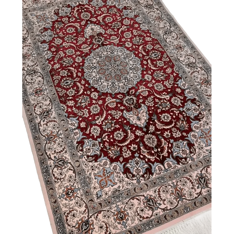 "Exquisite Isfahan Persian rug, hand-knotted by Taghiezadeh using silk and wool. Measuring 170 cm x 107 cm, this luxurious rug features intricate designs with a knot density of 810,000 knots per square meter. Only one Persian rug available for online purchase."