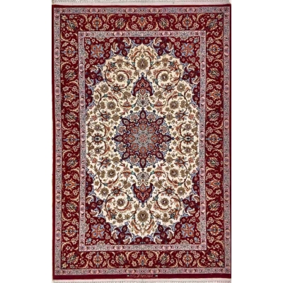 "Hand-knotted silk and wool Persian rug in Isfahan style, measuring 166x105 cm. Buy online and elevate your home decor with this luxurious Persian area rug."

