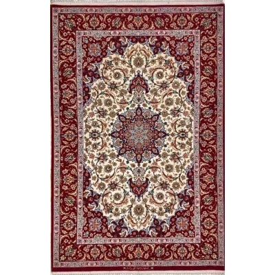 "Hand-knotted silk and wool Persian rug in Isfahan style, measuring 166x105 cm. Buy online and elevate your home decor with this luxurious Persian area rug."

