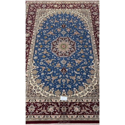 Real red and blue 6x4 Persian rug with floral design, hand-knotted