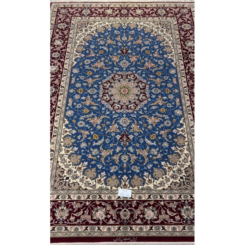 Real red and blue 6x4 Persian rug with floral design, hand-knotted