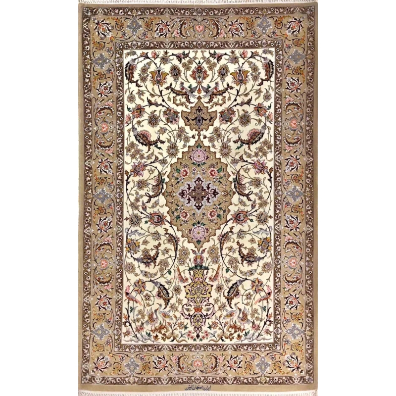 "Exquisite wool and silk Persian rug, hand-knotted in Isfahan, Iran. Size: 143 cm x 110 cm (4.7 feet x 3.6 feet). Features intricate Persian design with 810,000 knots per square meter. Luxurious home decor piece."