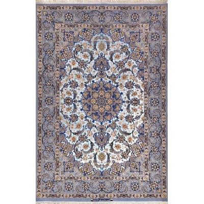 "Handwoven Isfahan Persian rug with intricate medallion design, crafted from silk and wool in soft blue and ivory."