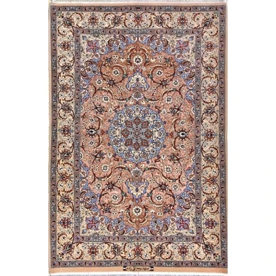  "Hand-knotted Persian Isfahan rug made of silk and wool, featuring intricate pink and blue designs. Size: 165 cm x 110 cm (5.4 feet x 3.6 feet), knot density of 810,000 knots/m². Luxurious Persian rug for home decor."