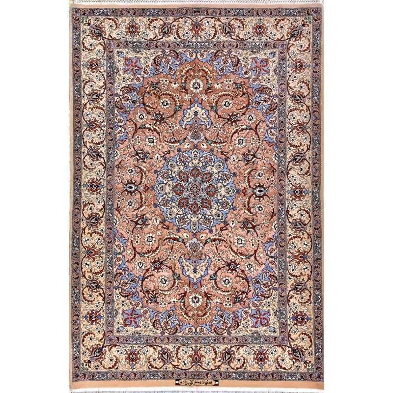 "Hand-knotted Persian Isfahan rug made of silk and wool, featuring intricate pink and blue designs. Size: 165 cm x 110 cm (5.4 feet x 3.6 feet), knot density of 810,000 knots/m². Luxurious Persian rug for home decor."