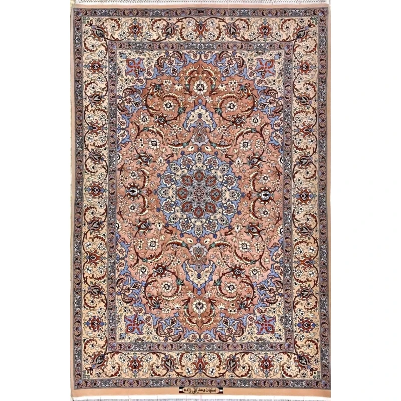 "Hand-knotted Persian Isfahan rug made of silk and wool, featuring intricate pink and blue designs. Size: 165 cm x 110 cm (5.4 feet x 3.6 feet), knot density of 810,000 knots/m². Luxurious Persian rug for home decor."