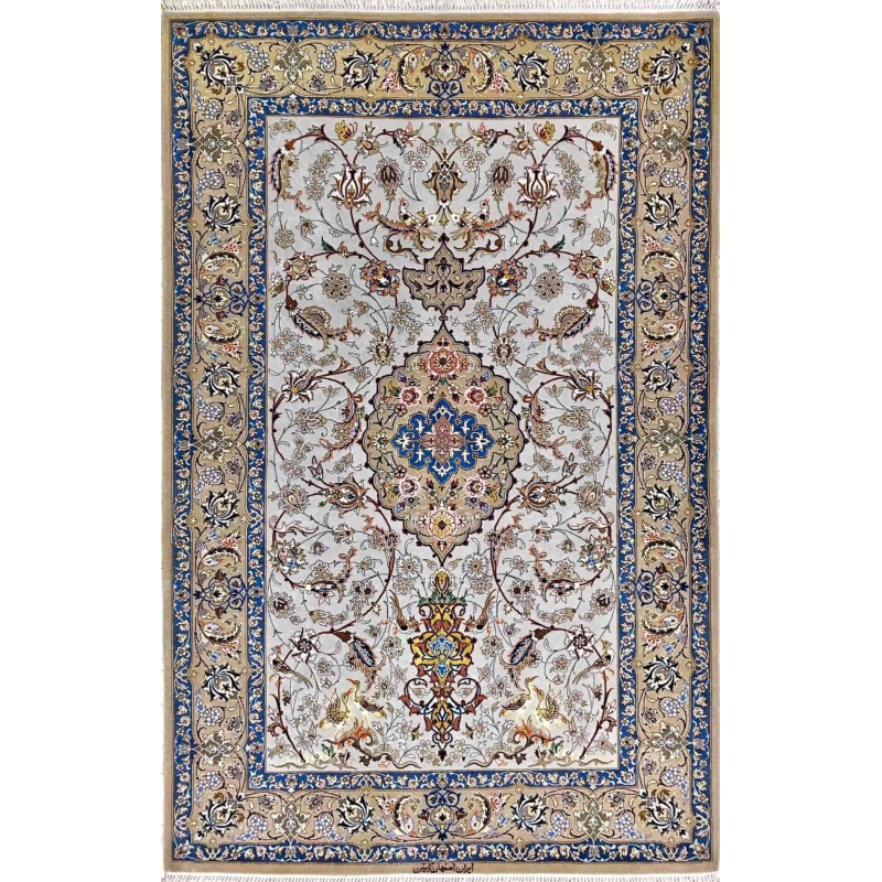 "Hand-knotted Irani rug in light grey, made from silk and wool, featuring intricate Persian patterns. Size: 170 cm x 110 cm (5.6 feet x 3.6 feet), knot density of 810,000 knots/m². Luxurious Isfahan rug for home decor."