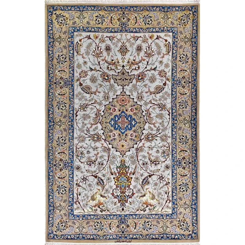 "Hand-knotted Irani rug in light grey, made from silk and wool, featuring intricate Persian patterns. Size: 170 cm x 110 cm (5.6 feet x 3.6 feet), knot density of 810,000 knots/m². Luxurious Isfahan rug for home decor."