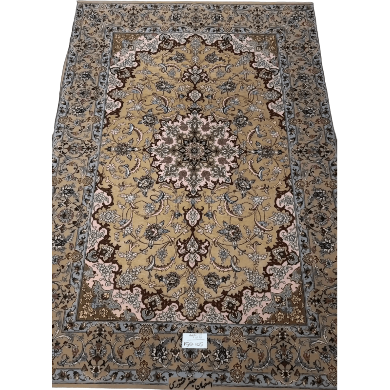 Hand-knotted wool and silk Persian area rug from Isfahan