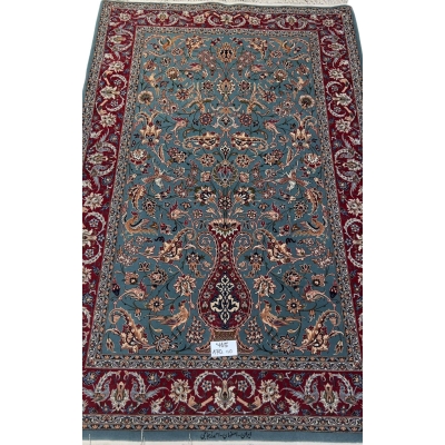 "Hand-knotted light blue Persian rug by Master Zojajie, 170x110 cm, crafted in Isfahan with silk warp and wool-silk blend pile."