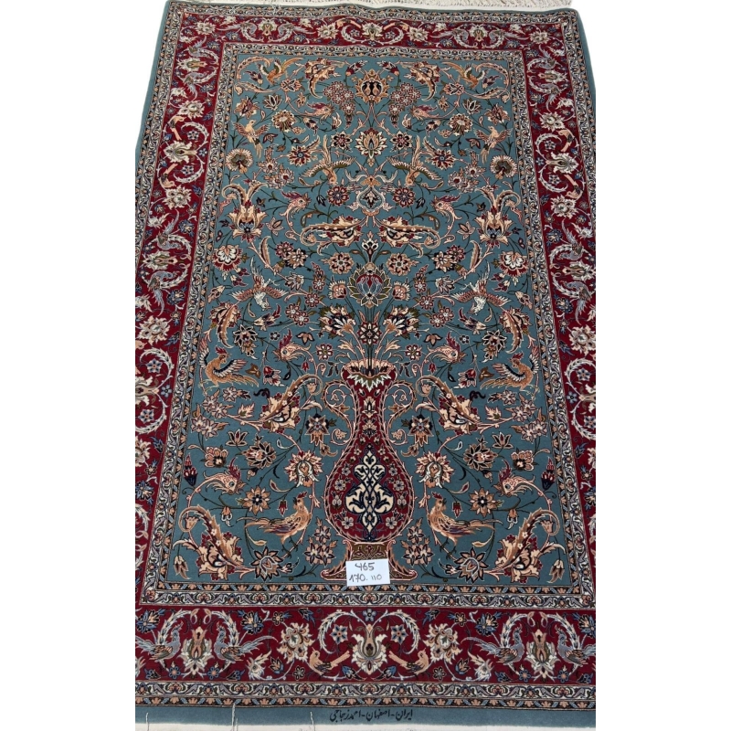 "Hand-knotted light blue Persian rug by Master Zojajie, 170x110 cm, crafted in Isfahan with silk warp and wool-silk blend pile."