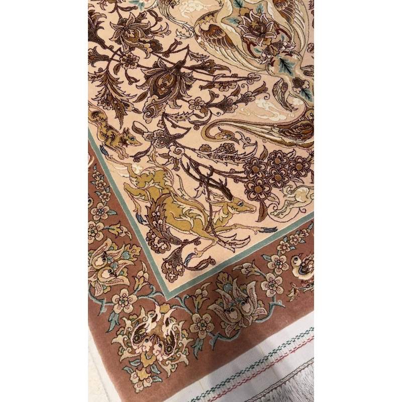 Luxury wool and silk Persian carpet with intricate details.